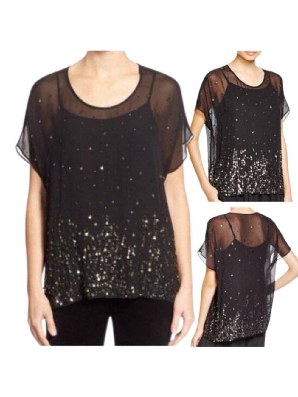 Eileen Fisher Black Sheer black blouse with circle metal accents